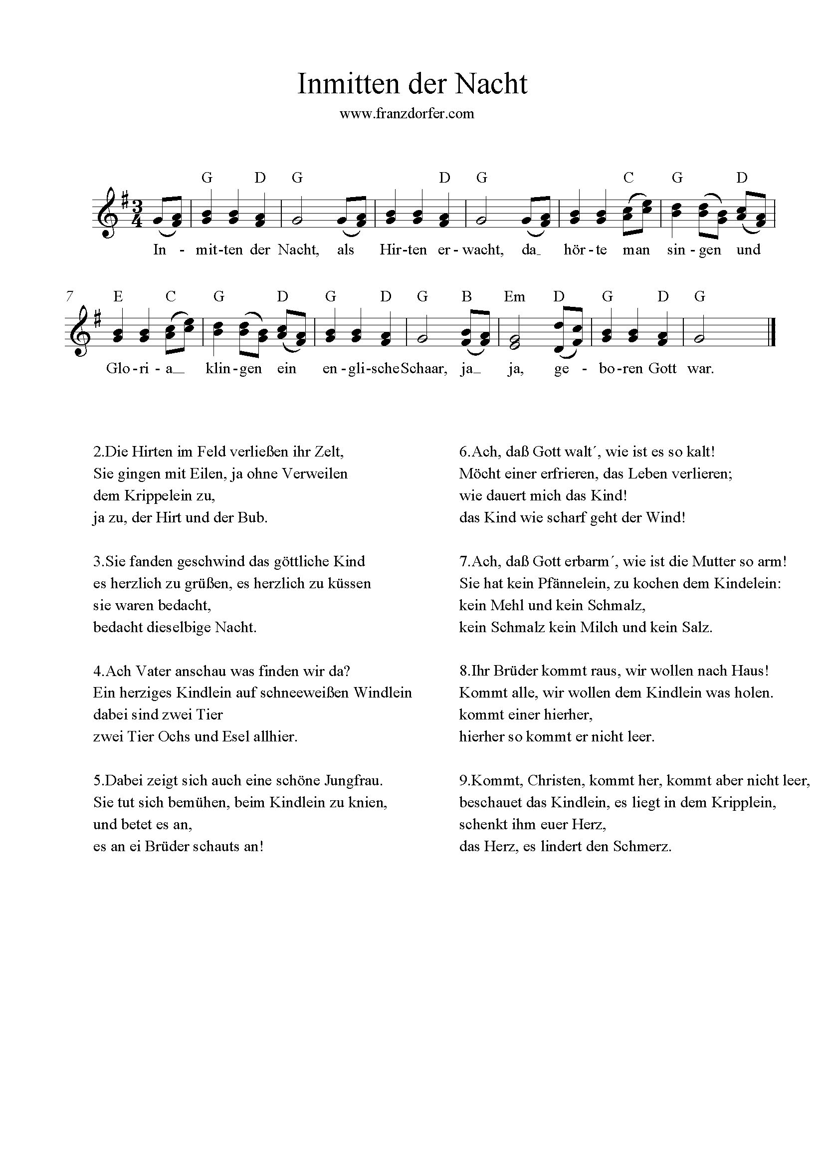 Inmitten der Nacht G-Dur Hirtenlied Hirtenlied, 2stimmig, Inmitten der Nacht